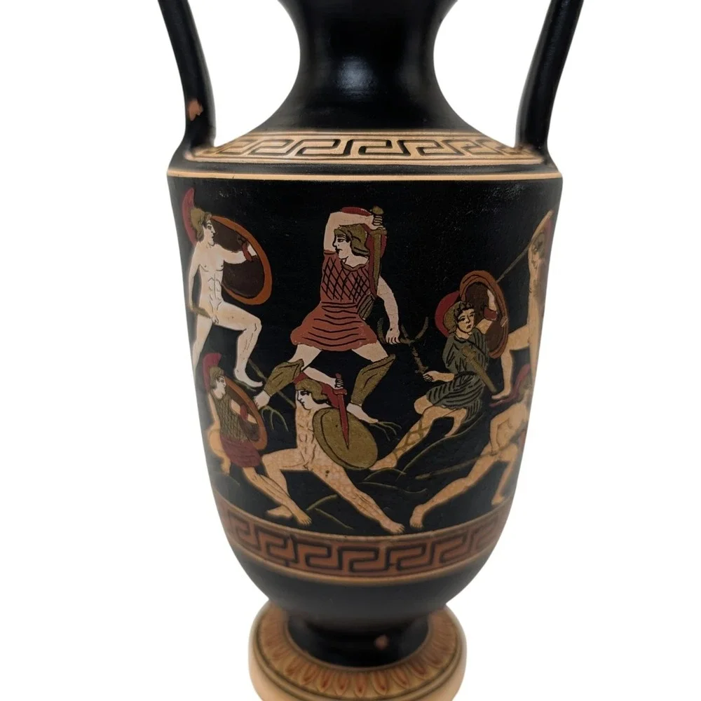 Greek Urn Vase Handmade Red Clay Pottery Grecian Warriors Double Handles SEE